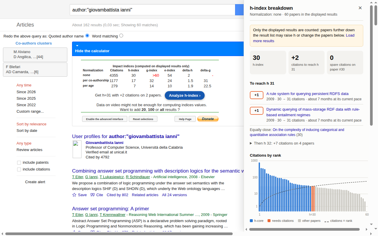 The h-index breakdown panel open next to a Google Scholar results page